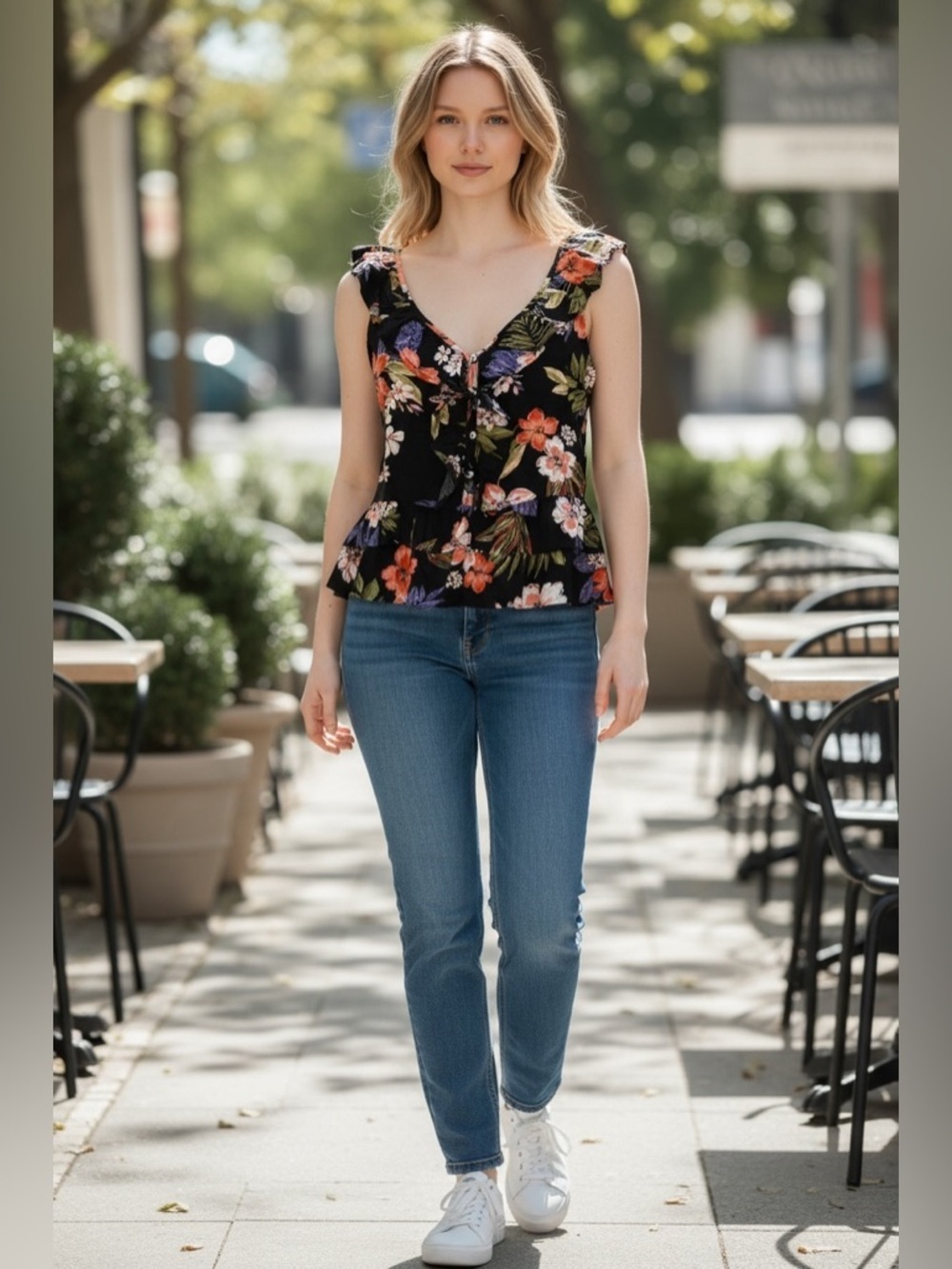 Patrons of Peace Blouse Womens Black Floral Ruffles-Size Large